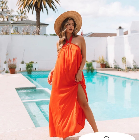 NWT Vici MIREYA SATIN HALTER MAXI DRESS - CORAL RED - Picture 2 of 4